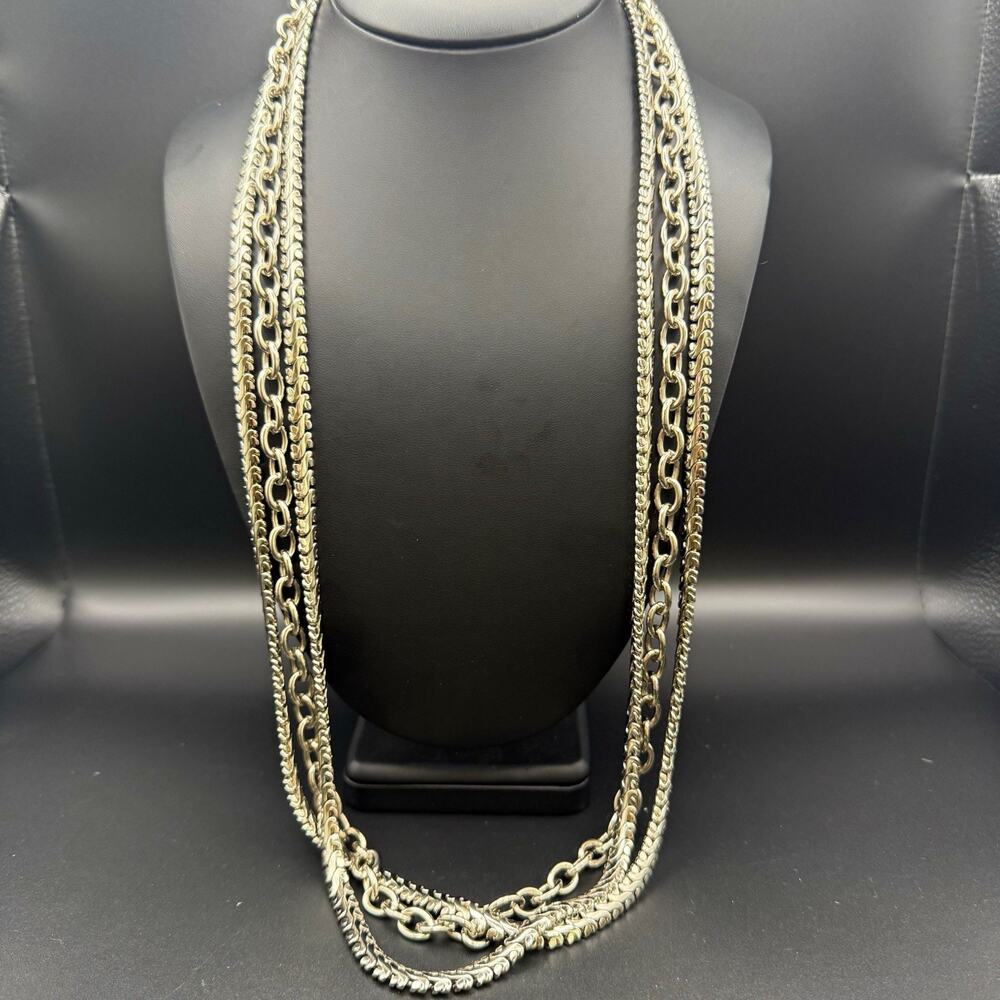 Heavy Silver Tone Multi Strand Layered Statement Necklace 32-36 Inch Woven Links